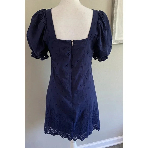 Draper James RSVP Dress Sheath Puff Sleeves Eyelet Lace Navy Blue Small S - Picture 2 of 4